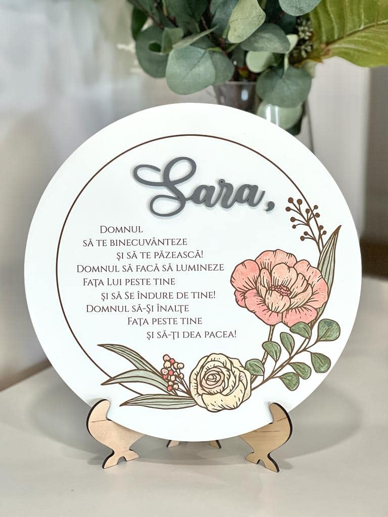 Placă decorativă cerc 30cm Binecuvântare Numeri 6 cu nume personalizat