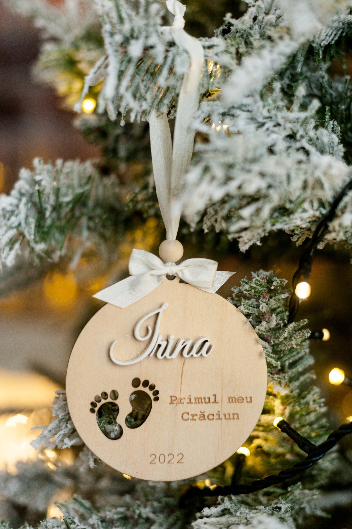 Glob lemn natur cu nume personalizat 3D - My First Christmas (Primul Craciun)