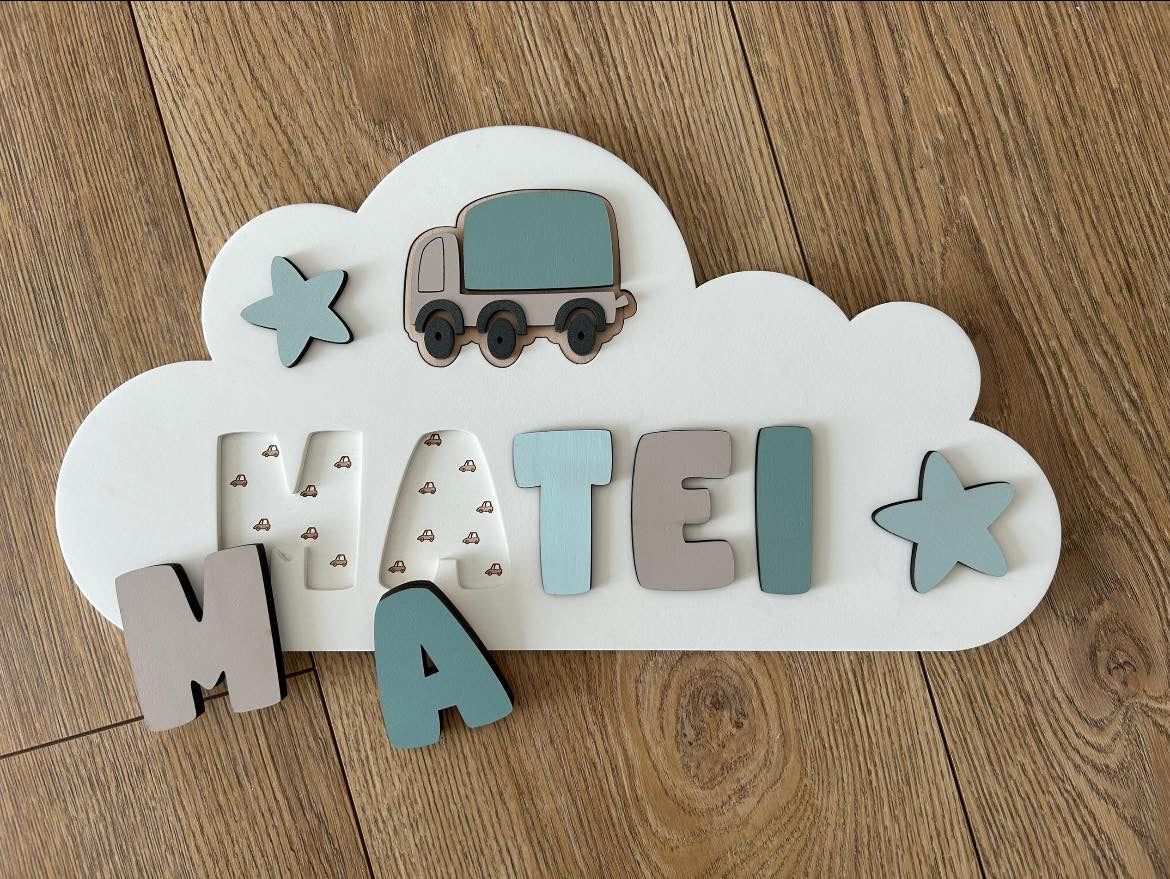 Decor jucărie puzzle pentru copii, nume pentru camera copilului, norișor puzzle cu litere și camion