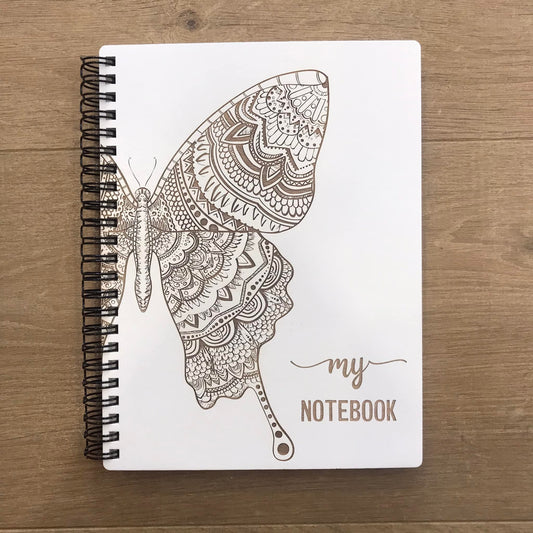 Agendă, Carnețel cu coperți din lemn cu fluture mandala gravat, My Notebook