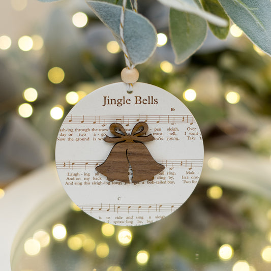Ornament din lemn cu colind tradițional gravat JINGLE BELLS și cu clopoței 3D
