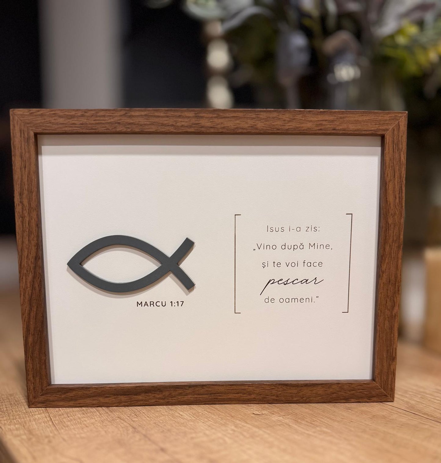 Ramă de botez, minimalistă, cu semnul peștelui și verset gravat, text personalizabil